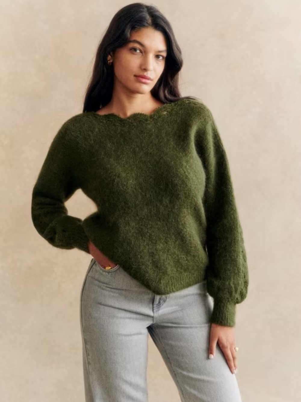 Sézane Stacy Jumper Women's Olive Green Fuzzy boatneck knit Sweater XXS - Picture 2 of 8